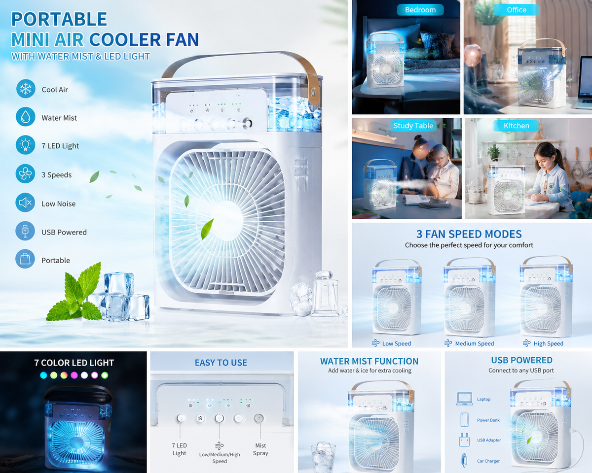 Portable Mini Air Cooler Fan with Water Mist & LED Light | USB Rechargeable Air Cooler