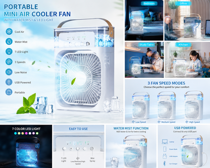 Portable Mini Air Cooler Fan with Water Mist & LED Light | USB Rechargeable Air Cooler